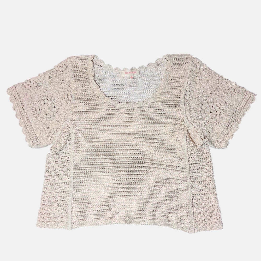 Solitaire Crochet‎ Knit Short Sleeve Neutral Cottagecore Sweater Top Size Large